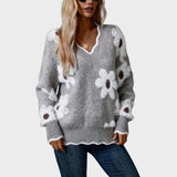 Paula | Πλεκτό πουλόβερ με φλοράλ ντεκολτέ και V λαιμόκοψη