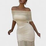 Vitoria - Μακρύ πλεκτό φόρεμα με μανίκια έξω από τους ώμους